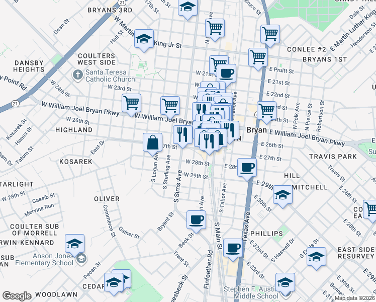 map of restaurants, bars, coffee shops, grocery stores, and more near 401 West 26th Street in Bryan