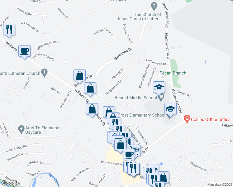 map of restaurants, bars, coffee shops, grocery stores, and more near 3706 Buffalo Springs Trail in Georgetown