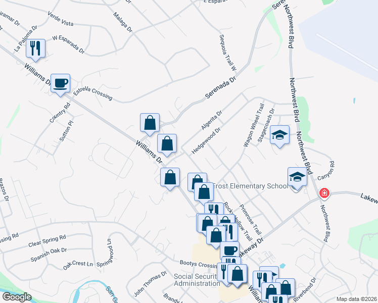 map of restaurants, bars, coffee shops, grocery stores, and more near 401 Hedgewood Drive in Georgetown