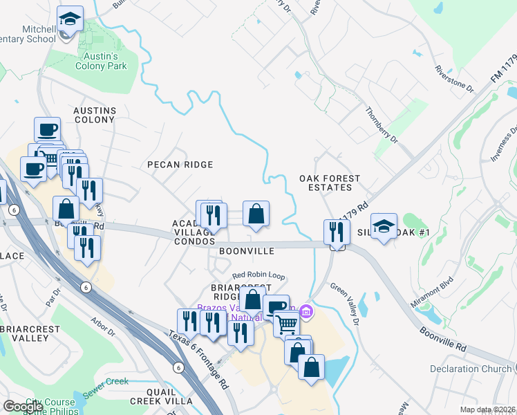 map of restaurants, bars, coffee shops, grocery stores, and more near 2619 Pecan Knoll Street in Bryan