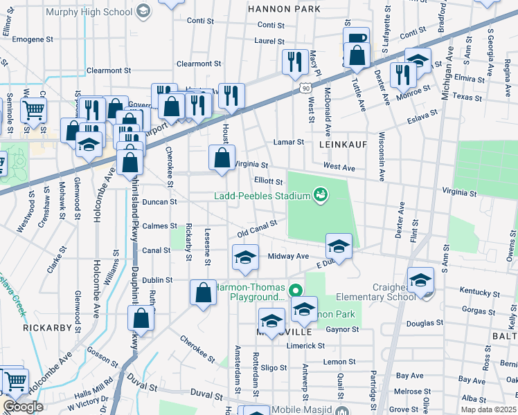 map of restaurants, bars, coffee shops, grocery stores, and more near 500 Weinacker Avenue in Mobile