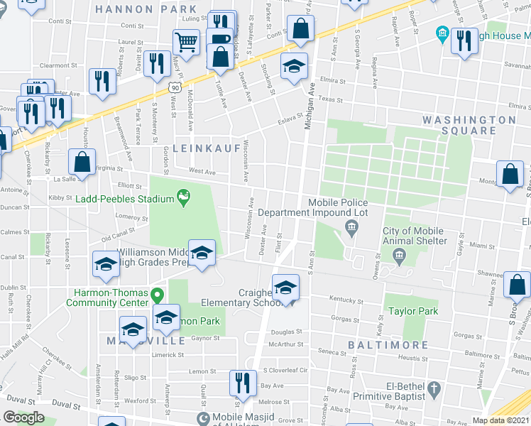 map of restaurants, bars, coffee shops, grocery stores, and more near 548 Dexter Avenue in Mobile