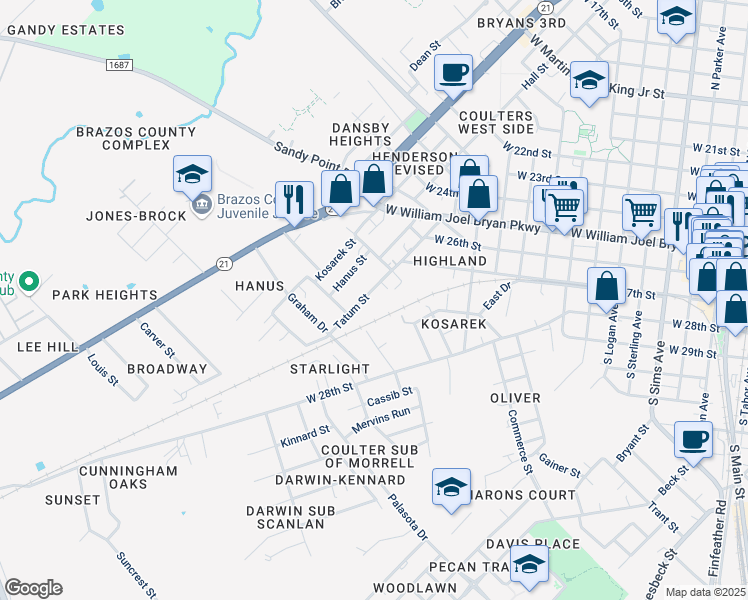 map of restaurants, bars, coffee shops, grocery stores, and more near 307 Tatum Street in Bryan