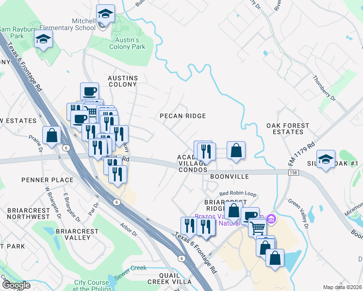map of restaurants, bars, coffee shops, grocery stores, and more near 3601 Western Street in Bryan