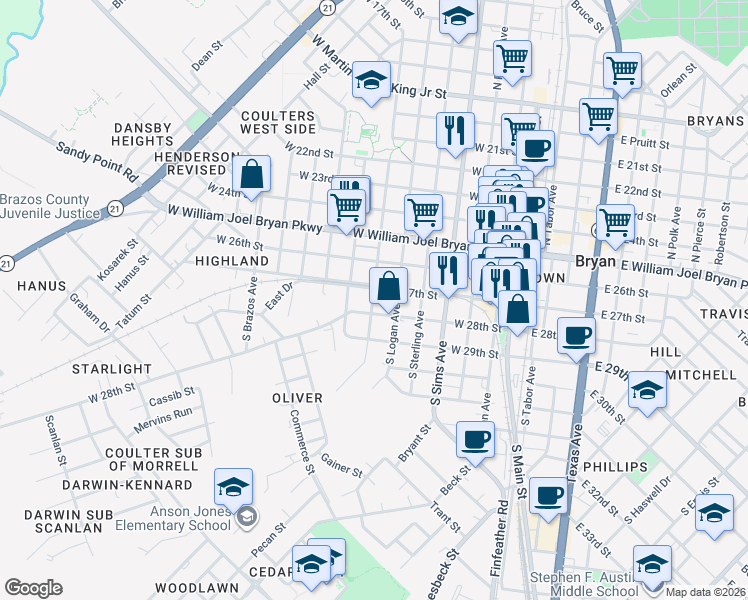 map of restaurants, bars, coffee shops, grocery stores, and more near 108 South Randolph Avenue in Bryan