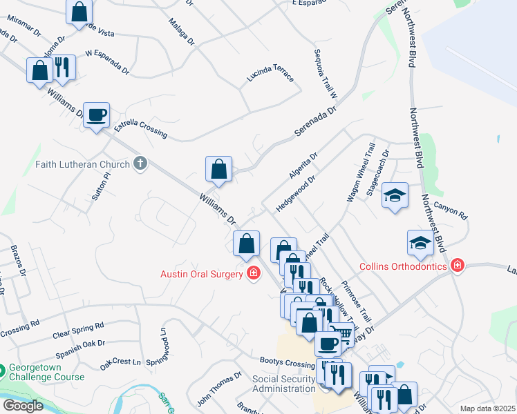 map of restaurants, bars, coffee shops, grocery stores, and more near 211 SportClips Way in Georgetown