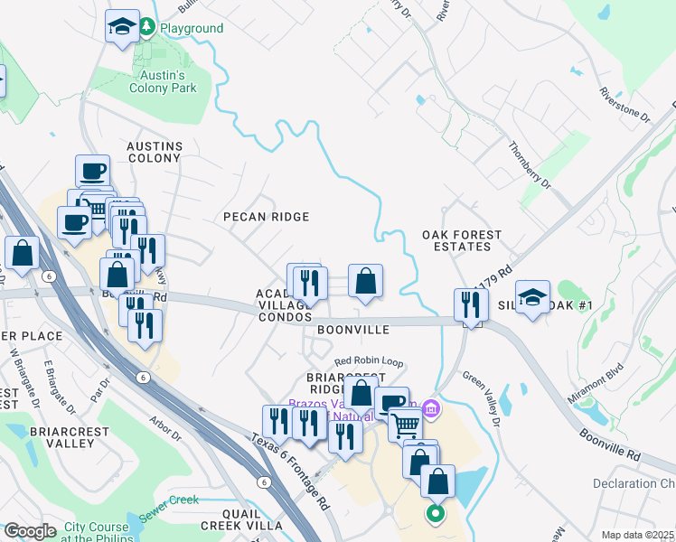 map of restaurants, bars, coffee shops, grocery stores, and more near 2605 Pecan Knoll Street in Bryan
