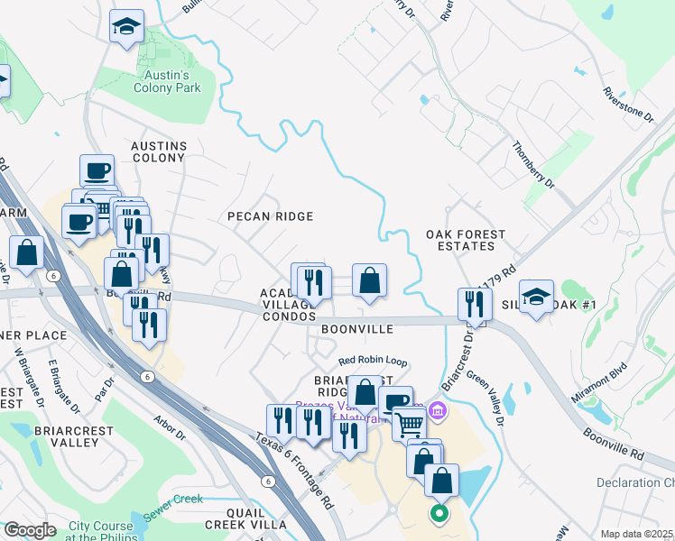 map of restaurants, bars, coffee shops, grocery stores, and more near 2603 Pecan Knoll Street in Bryan