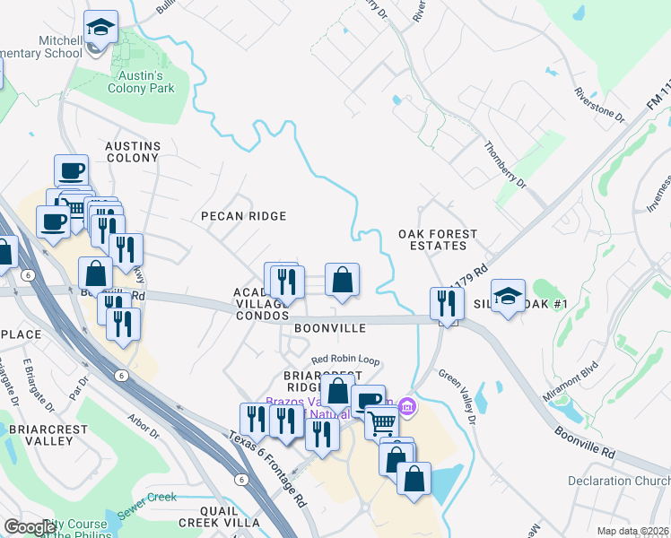 map of restaurants, bars, coffee shops, grocery stores, and more near 2617 Pecan Knoll Street in Bryan