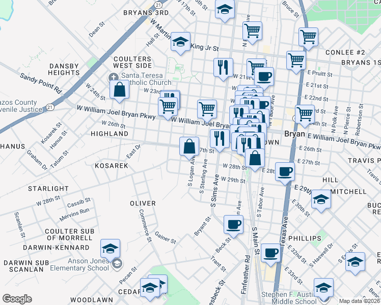 map of restaurants, bars, coffee shops, grocery stores, and more near 108 South Randolph Avenue in Bryan