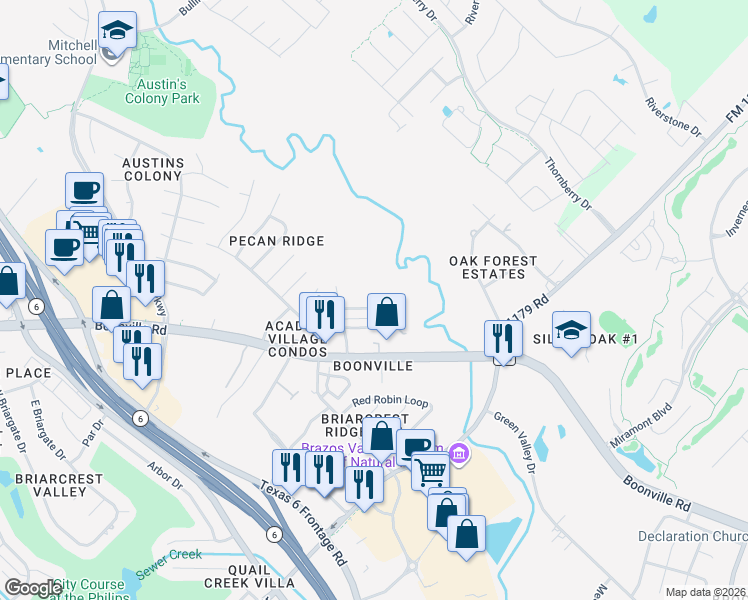 map of restaurants, bars, coffee shops, grocery stores, and more near 2617 Pecan Knoll Street in Bryan