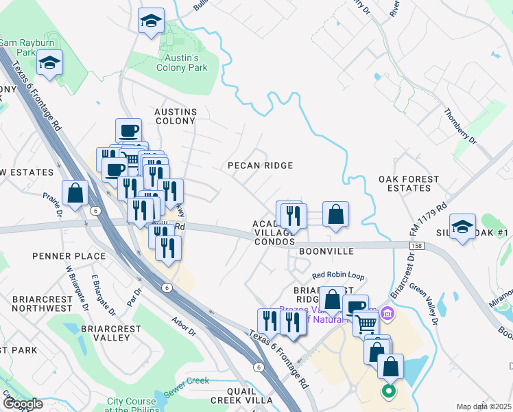 map of restaurants, bars, coffee shops, grocery stores, and more near 3601 Western Street in Bryan