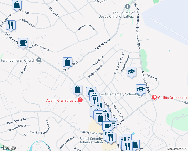 map of restaurants, bars, coffee shops, grocery stores, and more near 401 Hedgewood Drive in Georgetown