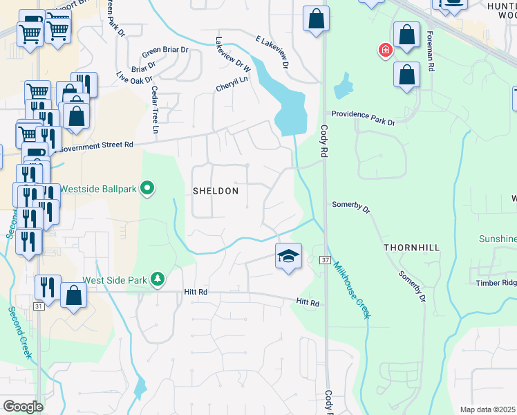 map of restaurants, bars, coffee shops, grocery stores, and more near 838 Pine Run Road in Mobile