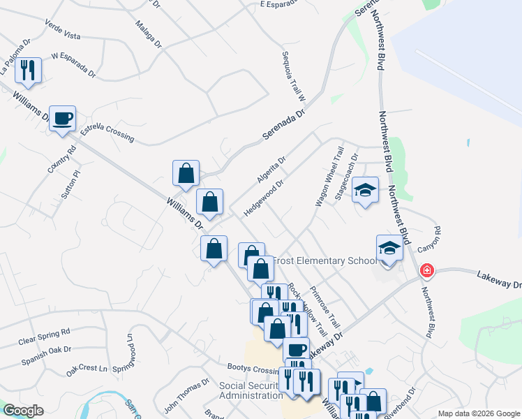 map of restaurants, bars, coffee shops, grocery stores, and more near 400 Hedgewood Drive in Georgetown