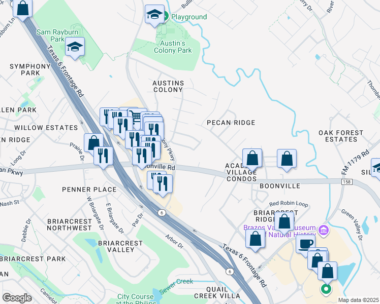 map of restaurants, bars, coffee shops, grocery stores, and more near 2314 North Pioneer Trail in Bryan
