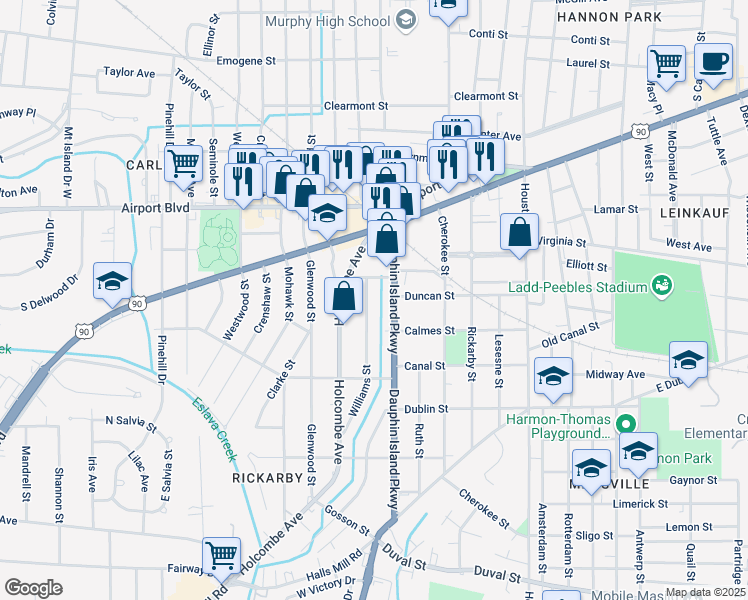 map of restaurants, bars, coffee shops, grocery stores, and more near 501 Williams Street in Mobile
