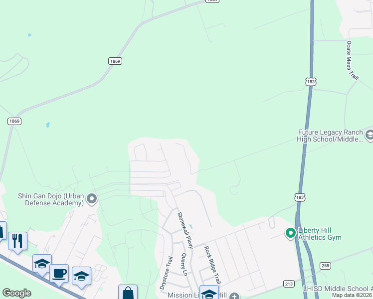 map of restaurants, bars, coffee shops, grocery stores, and more near 500 Long Run in Liberty Hill