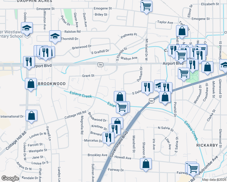 map of restaurants, bars, coffee shops, grocery stores, and more near 305 Durande Court in Mobile