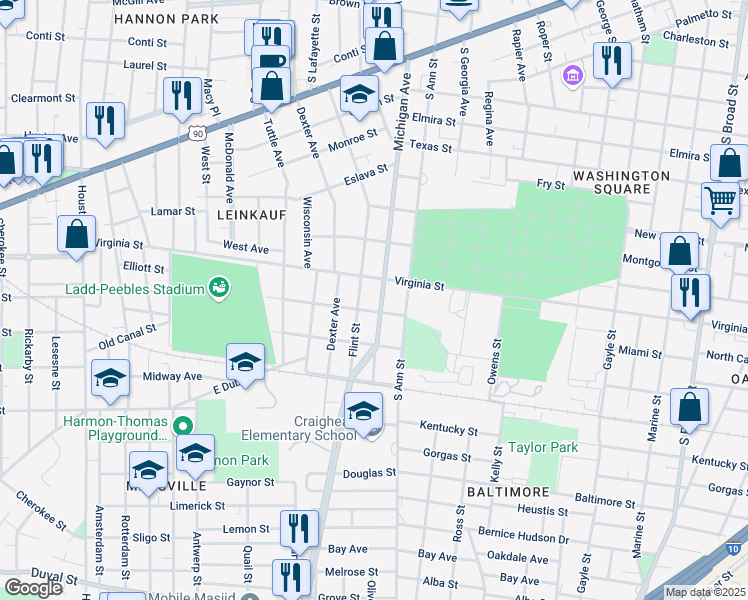 map of restaurants, bars, coffee shops, grocery stores, and more near 507 Flint Street in Mobile