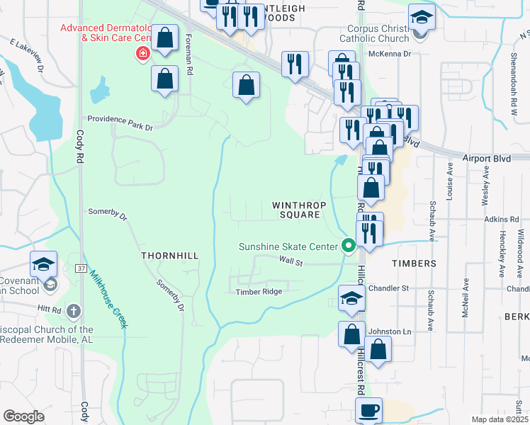 map of restaurants, bars, coffee shops, grocery stores, and more near 849 Laurie Court in Mobile