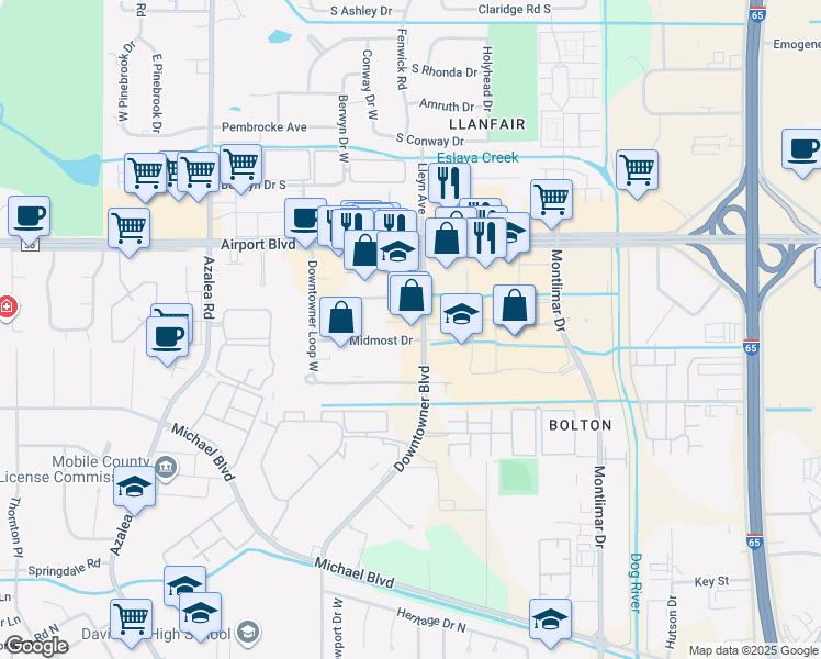 map of restaurants, bars, coffee shops, grocery stores, and more near 797 Downtowner Boulevard in Mobile
