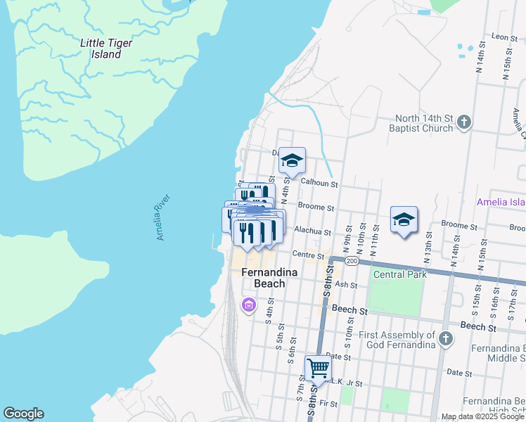 map of restaurants, bars, coffee shops, grocery stores, and more near 120 North 2nd Street in Fernandina Beach
