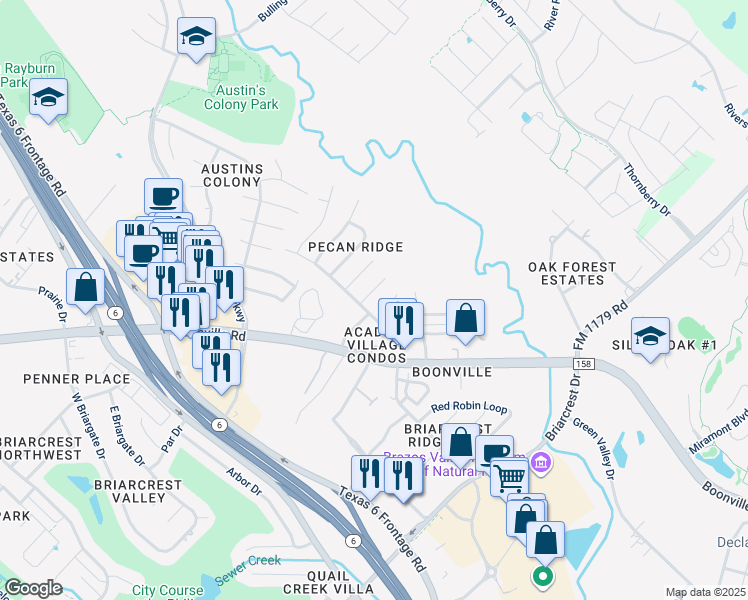 map of restaurants, bars, coffee shops, grocery stores, and more near 3601 Western Street in Bryan
