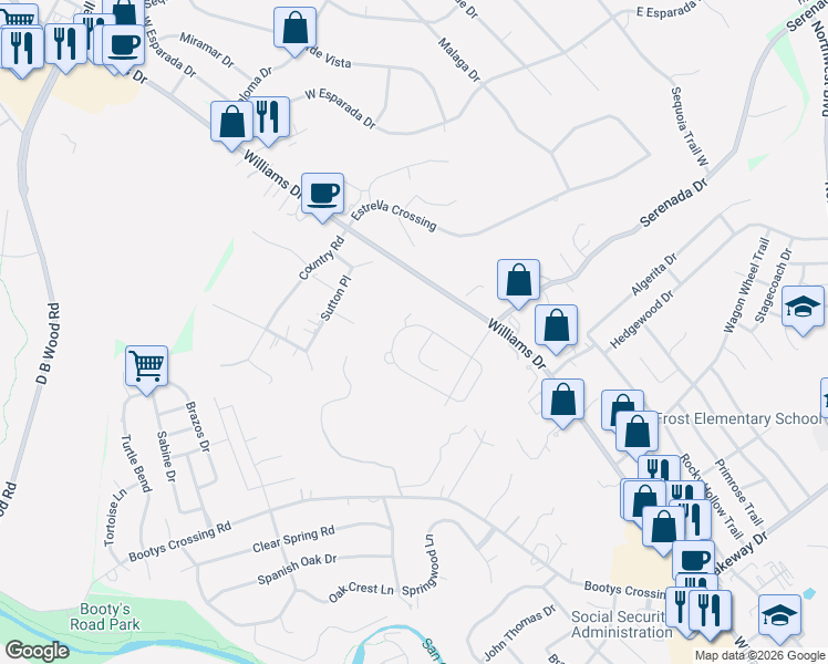 map of restaurants, bars, coffee shops, grocery stores, and more near 205 Axis Loop in Georgetown