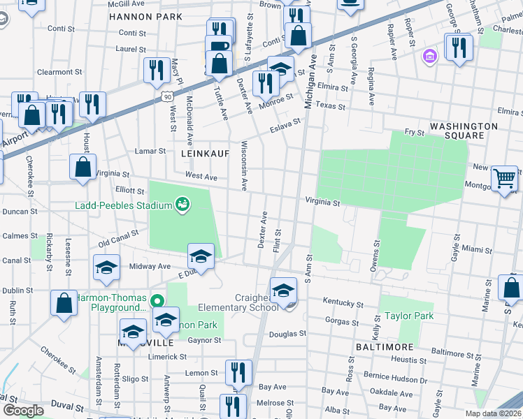 map of restaurants, bars, coffee shops, grocery stores, and more near 510 Dexter Avenue in Mobile