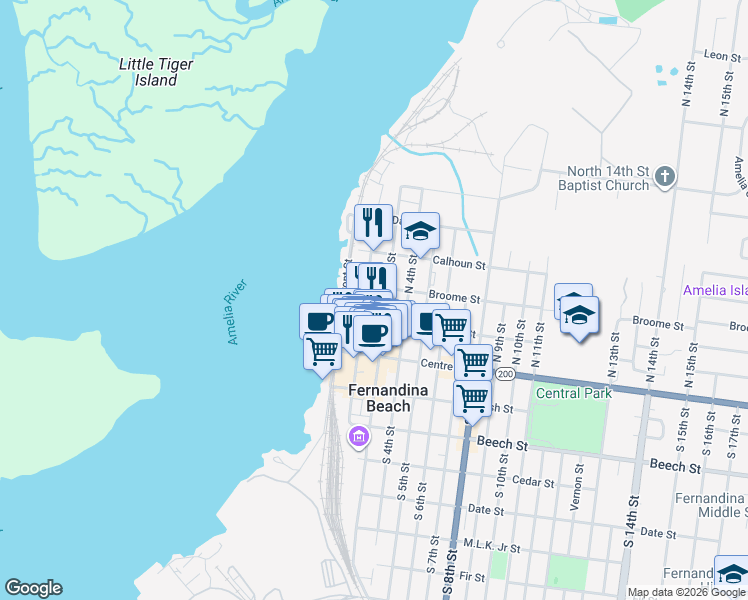 map of restaurants, bars, coffee shops, grocery stores, and more near 120 North 2nd Street in Fernandina Beach