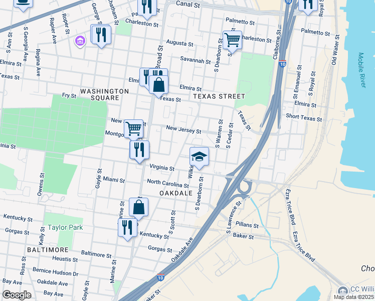 map of restaurants, bars, coffee shops, grocery stores, and more near 670 South Washington Avenue in Mobile