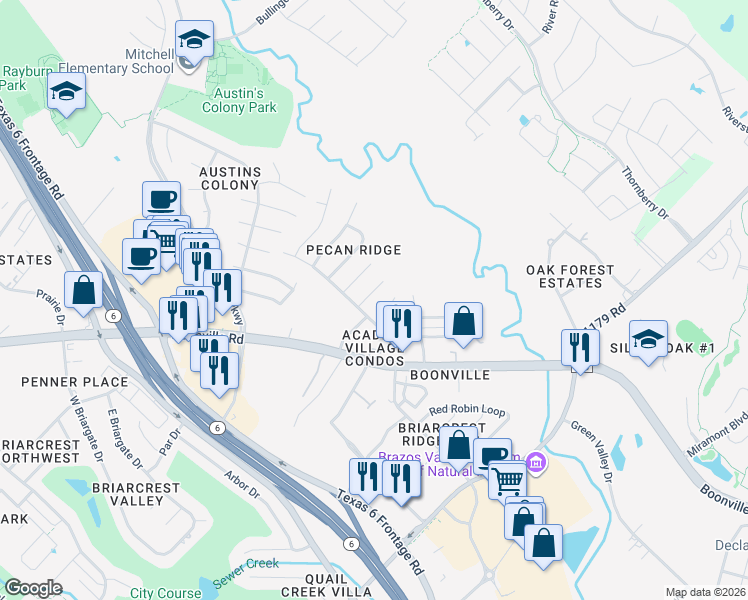 map of restaurants, bars, coffee shops, grocery stores, and more near 3609 Major Street in Bryan