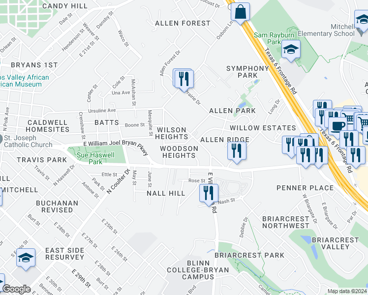 map of restaurants, bars, coffee shops, grocery stores, and more near 1719 Wilson St in Bryan