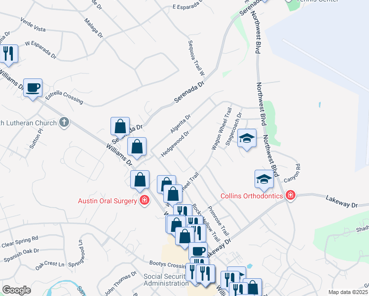 map of restaurants, bars, coffee shops, grocery stores, and more near 3707 Buffalo Springs Trail in Georgetown