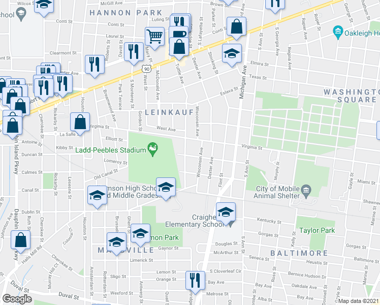 map of restaurants, bars, coffee shops, grocery stores, and more near 1558 Illinois Street in Mobile