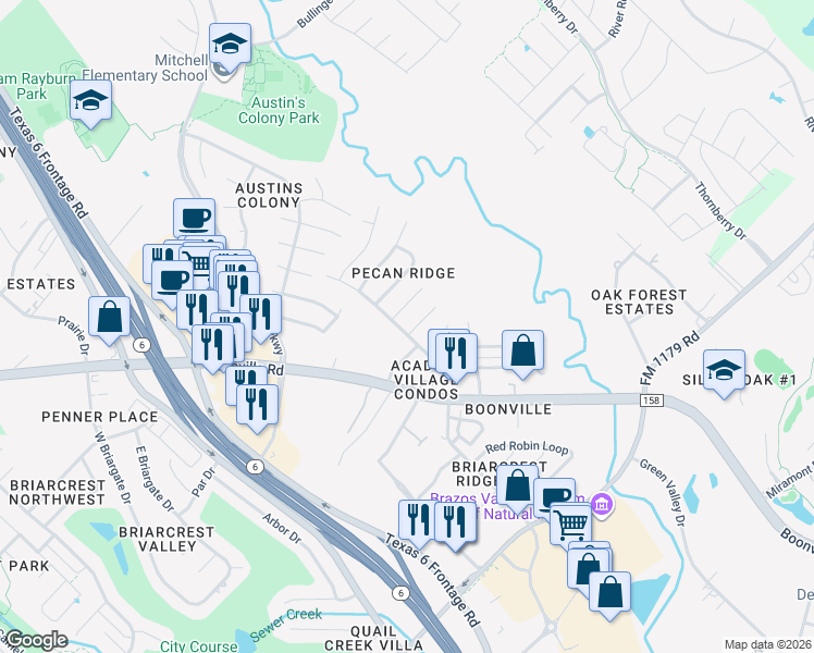 map of restaurants, bars, coffee shops, grocery stores, and more near 3601 Western Street in Bryan