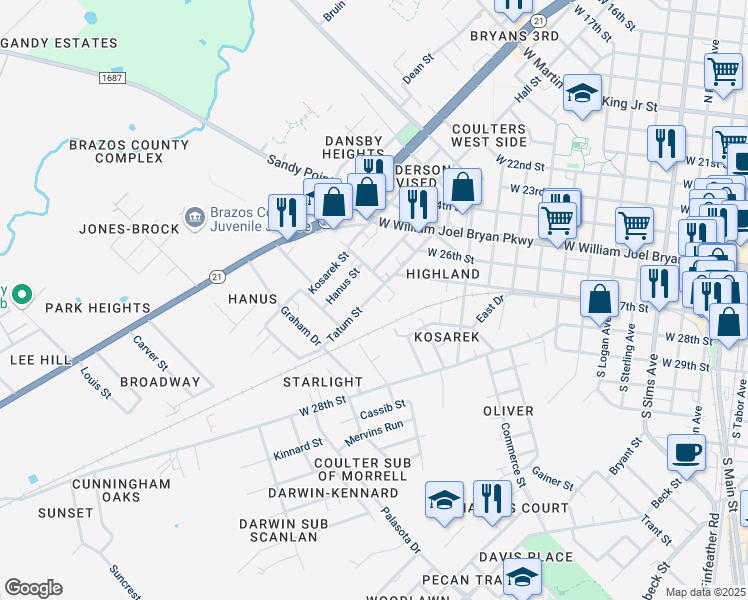 map of restaurants, bars, coffee shops, grocery stores, and more near 307 Tatum Street in Bryan