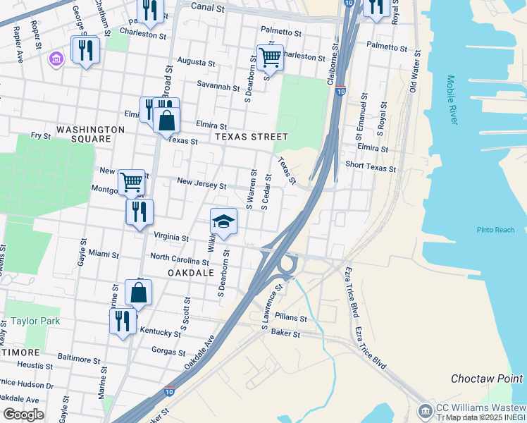 map of restaurants, bars, coffee shops, grocery stores, and more near 512 Montgomery Street in Mobile