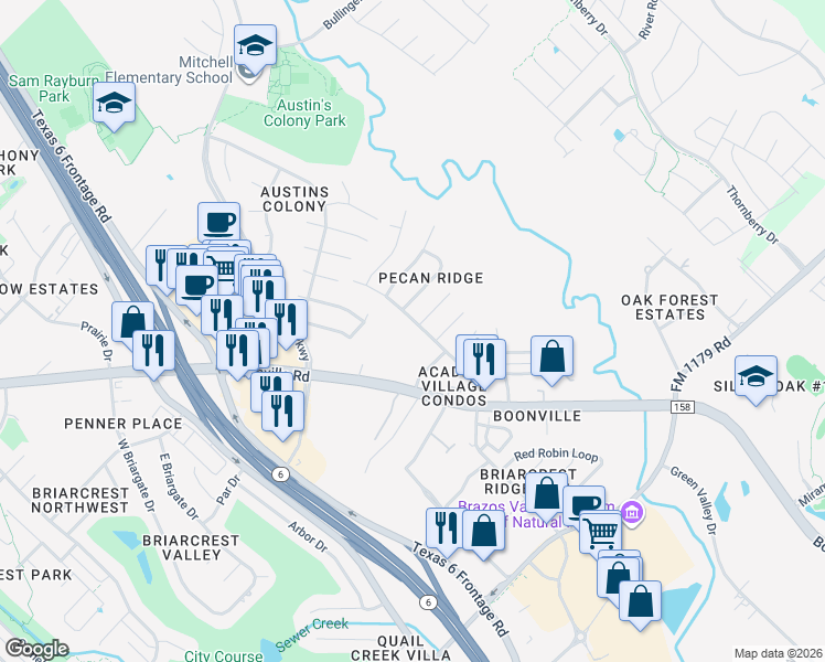 map of restaurants, bars, coffee shops, grocery stores, and more near 2416 Pecan Ridge Drive in Bryan