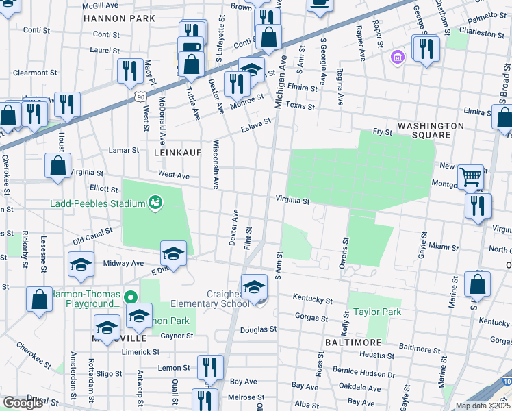 map of restaurants, bars, coffee shops, grocery stores, and more near 507 Flint Street in Mobile