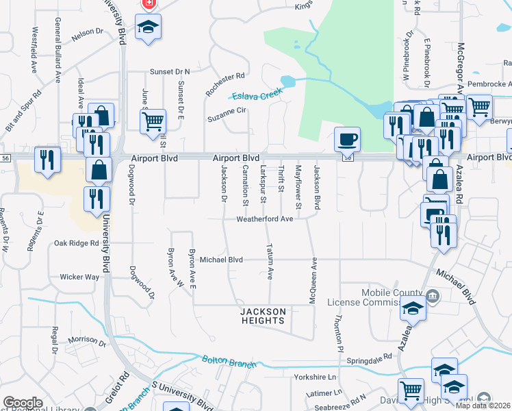 map of restaurants, bars, coffee shops, grocery stores, and more near 286 Larkspur Street in Mobile