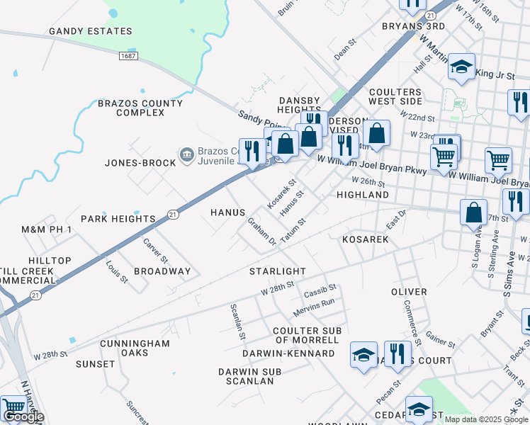 map of restaurants, bars, coffee shops, grocery stores, and more near 1501 Fannin Street in Bryan