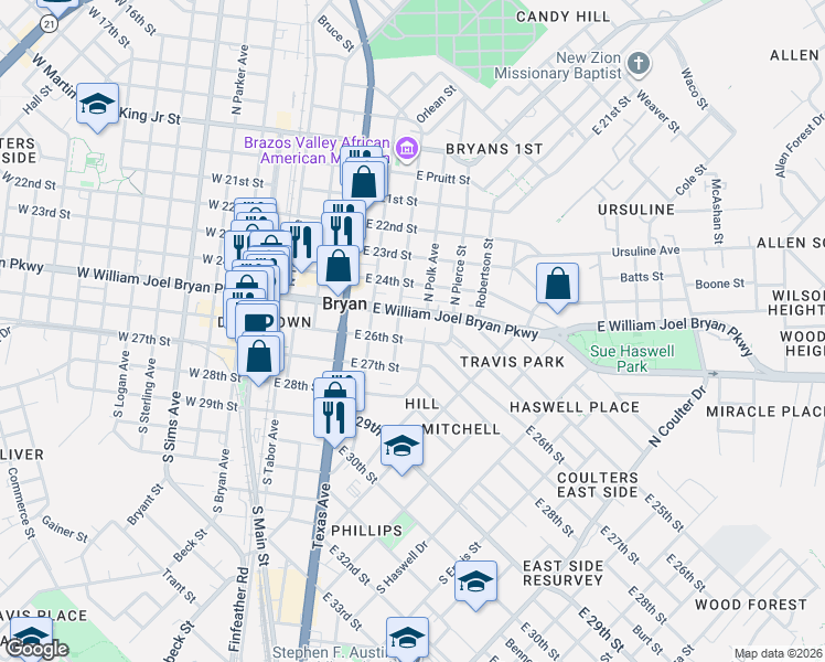 map of restaurants, bars, coffee shops, grocery stores, and more near 901 East William Joel Bryan Parkway in Bryan