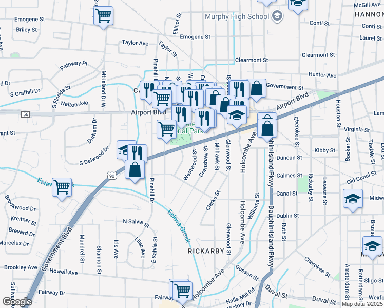 map of restaurants, bars, coffee shops, grocery stores, and more near 404 Westwood Street in Mobile
