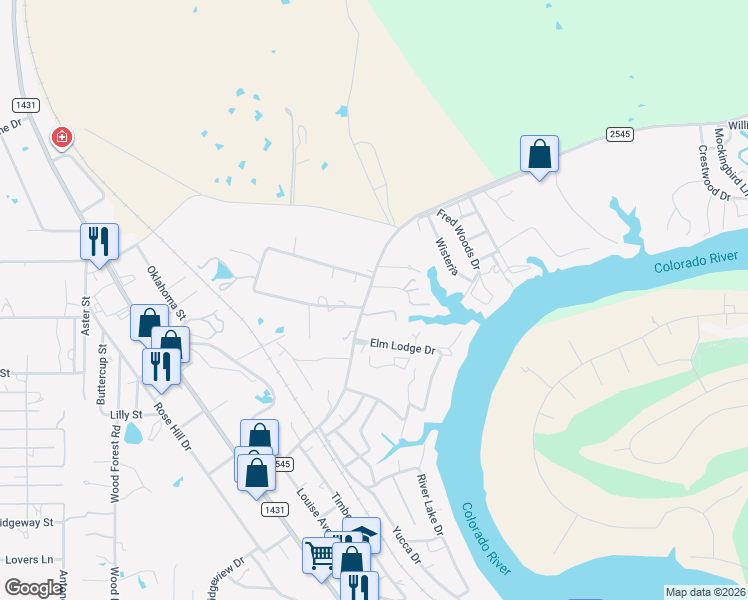 map of restaurants, bars, coffee shops, grocery stores, and more near 2418 Lawson in Kingsland
