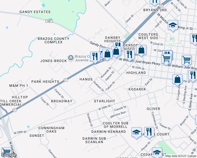 map of restaurants, bars, coffee shops, grocery stores, and more near 1501 Fannin St in Bryan