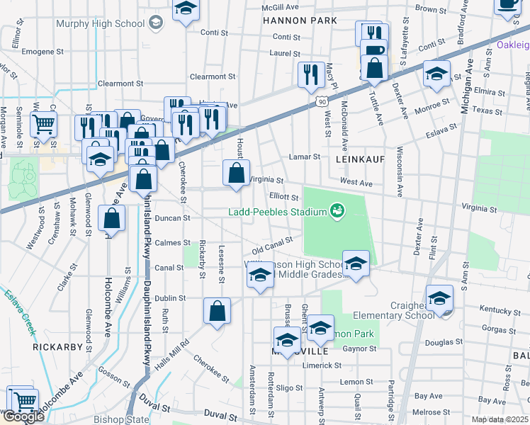 map of restaurants, bars, coffee shops, grocery stores, and more near 500 Weinacker Avenue in Mobile