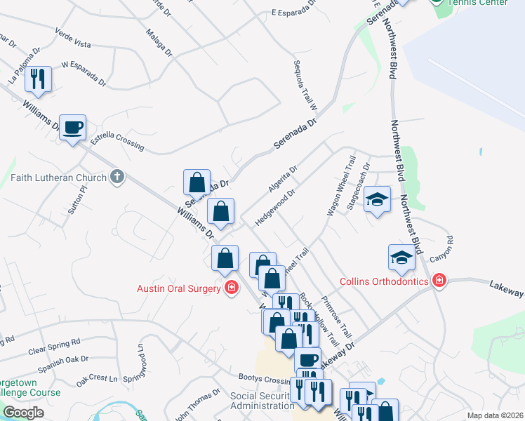 map of restaurants, bars, coffee shops, grocery stores, and more near 401 Hedgewood Drive in Georgetown