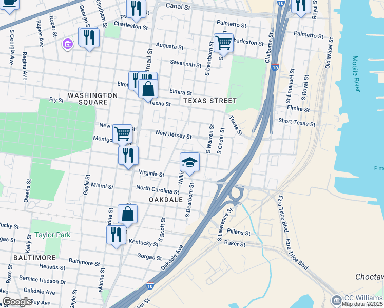 map of restaurants, bars, coffee shops, grocery stores, and more near 651 Montgomery Street in Mobile
